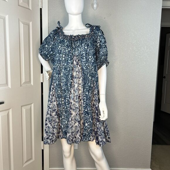 FREE PEOPLE Size S Jet Set Mini Dress Batik Blue The Off Shoulder Swing Pockets - Picture 4 of 9